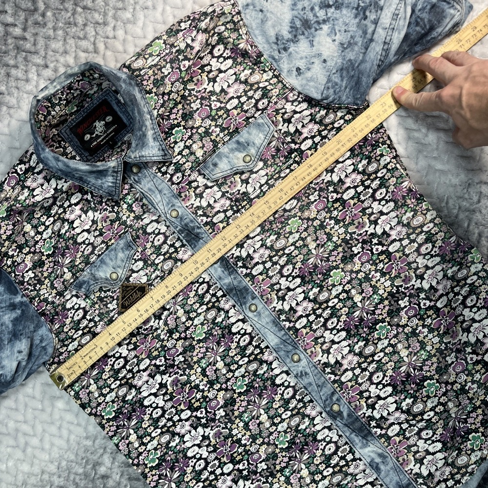Winchester Premium Pearl Snap Shirt Men's L Western Floral Print Denim Retro L/S - Picture 8 of 12